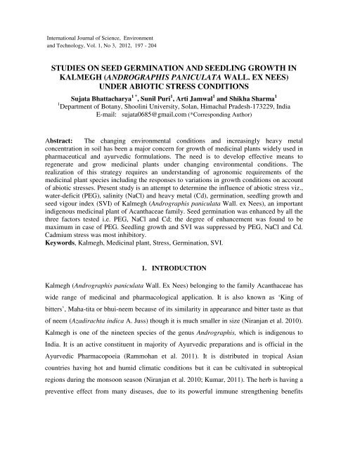Studies On Seed Germination And Seedling Growth In Kalmegh