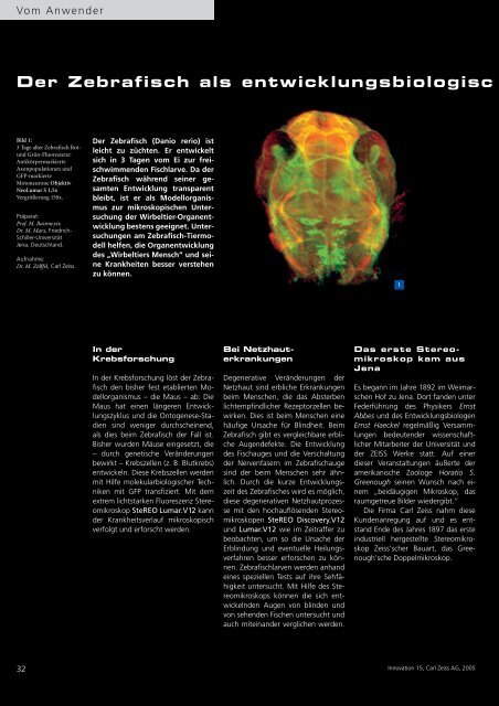 Der Zebrafisch als entwicklungsbiologisc - Carl Zeiss