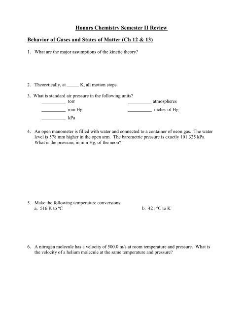 Spring Semester Review - Honors Chemistry