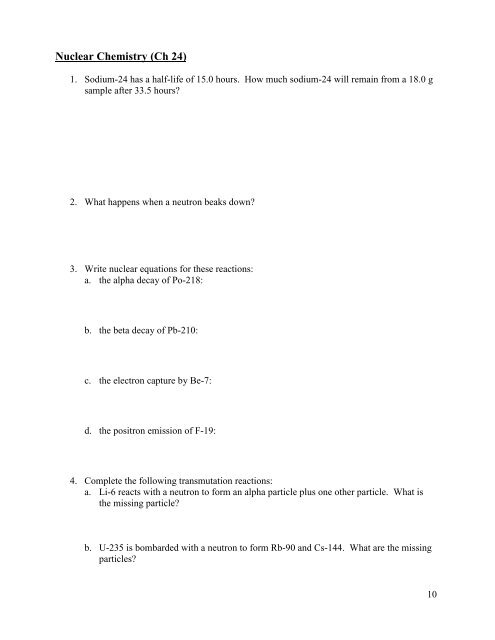 Spring Semester Review - Honors Chemistry