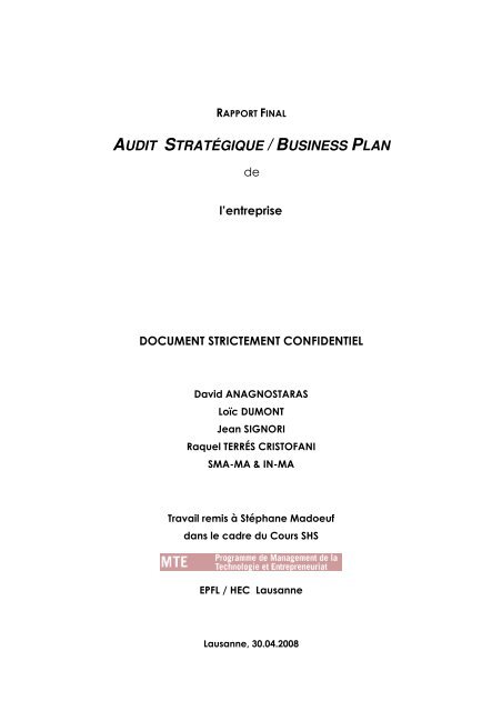 Audit stratégique / business plan d'une entreprise - CDH - EPFL