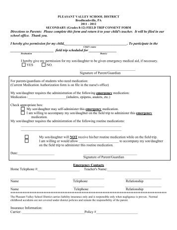 Field Trip Consent Form - Pleasant Valley High School Bands