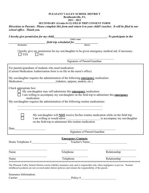 Field Trip Consent Form - Pleasant Valley High School Bands