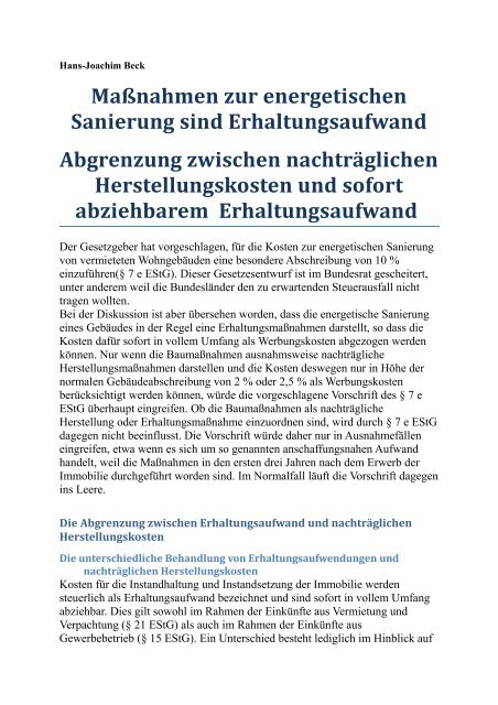 Maßnahmen zur energetischen Sanierung sind Erhaltungsaufwand