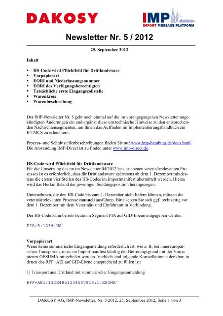 Newsletter Nr. 5 / 2012 - DAKOSY Datenkommunikationssystem AG