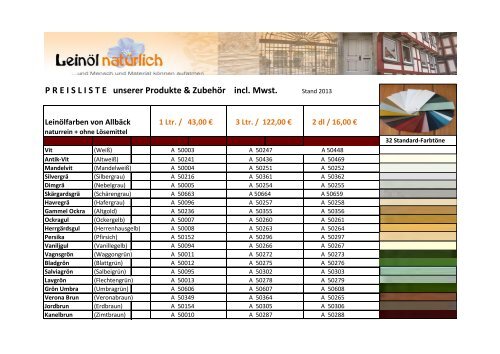 P R E I S L I S T E   unserer Produkte & ZubehÃ¶r incl. Mwst.