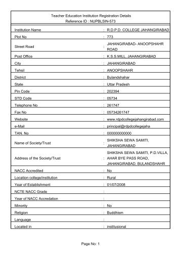 Page No: 1 Teacher Education Institution Registration ... - NCTE