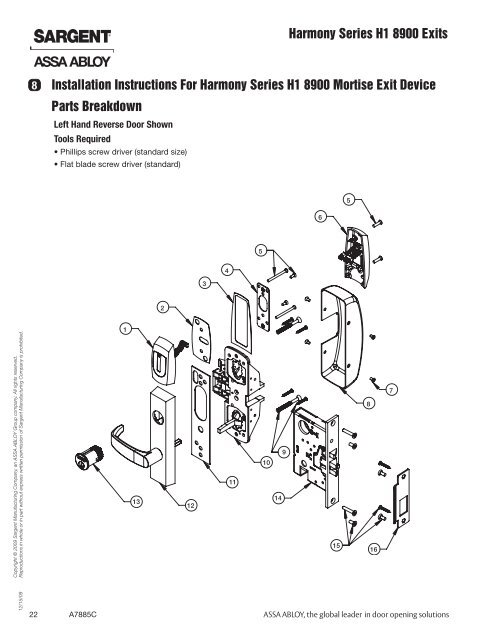 Sargent H1-8900 Parts Breakdown - Access Hardware Supply