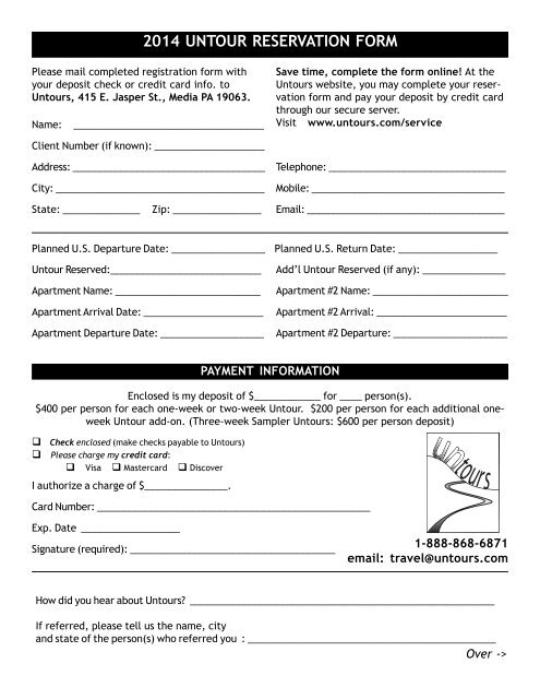 printable reservation form - Untours