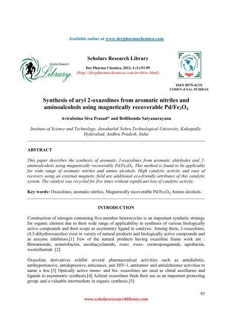 Synthesis of aryl 2-oxazolines from aromatic nitriles - Der Pharma ...