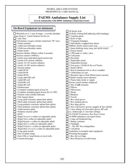 PAEMS Ambulance Supply List - Peoria Area EMS