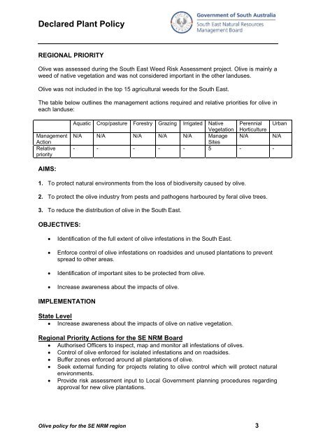 Olive policy - South East Natural Resources Management Board ...