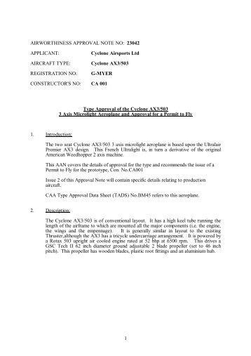 Cyclone AX3 Airworthiness Approval, Permit to Fly - Weedhopper