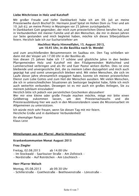 Kirchliche Nachrichten August 2013 - Pfarreiengemeinschaft ...