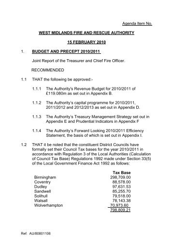 Budget and Precept Report 2010 - West Midlands Fire Service