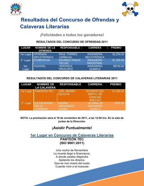 Resultados del Concurso de Ofrendas y Calaveras Literarias