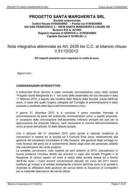 Bilancio 2012: nota integrativa - Comune di Santa Margherita Ligure