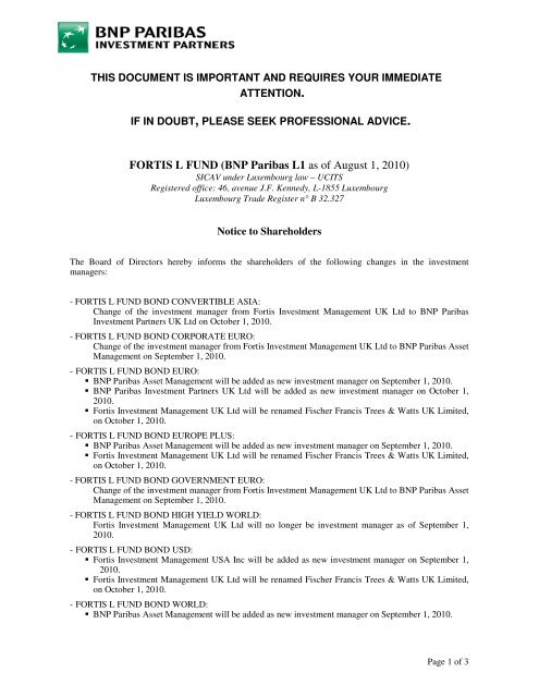 FORTIS L FUND (BNP Paribas L1 as of August 1, 2010)