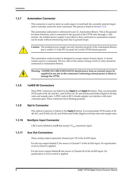 Dolby CP750 Digital Cinema Processor Manual - Projectionniste.net