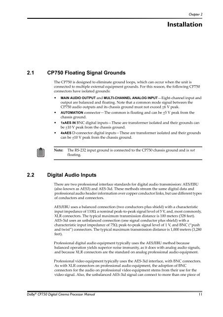 Dolby CP750 Digital Cinema Processor Manual - Projectionniste.net