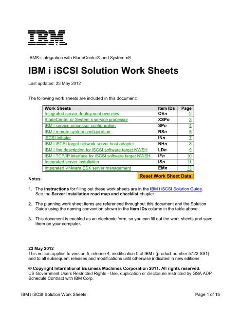 IBM i iscsi Solution Work Sheets