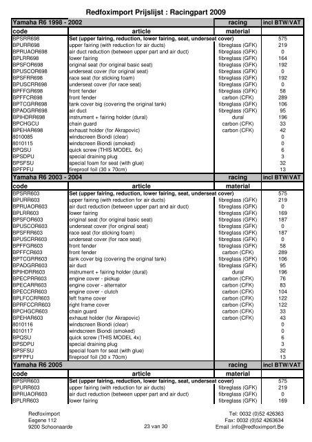 Redfoximport Prijslijst : Racingpart 2009