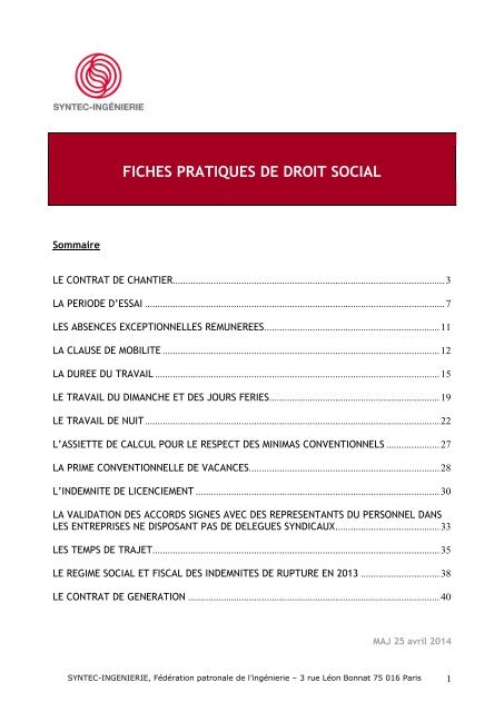 fiches pratiques de droit social - Syntec ingenierie