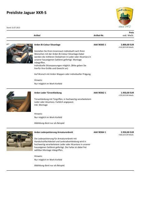 Preisliste Jaguar XKR-S - Arden