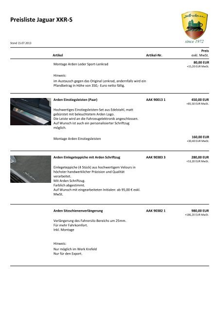 Preisliste Jaguar XKR-S - Arden