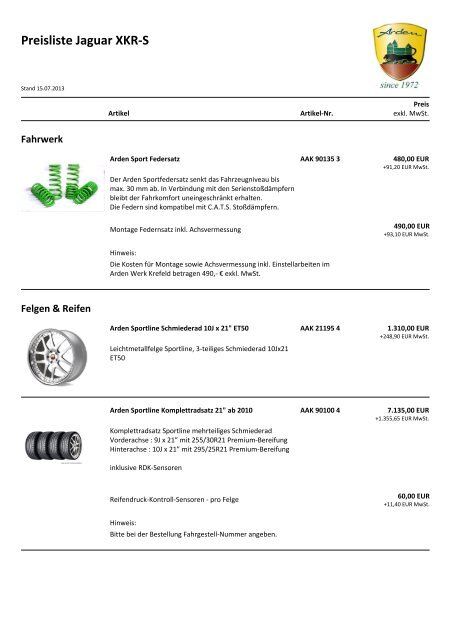 Preisliste Jaguar XKR-S - Arden