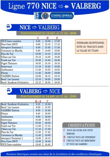 Ligne et horaires TAM 770 Nice / Valberg pendant travaux