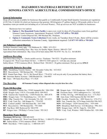 Hazardous Materials Reference List - Sonoma County