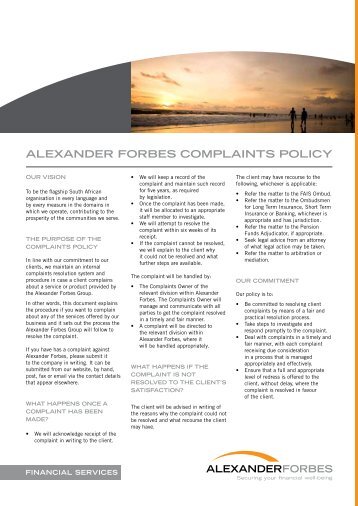ALEXANDER FORBES COMPLAINTS POLICY