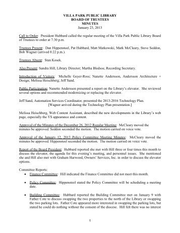 VILLA PARK PUBLIC LIBRARY BOARD OF TRUSTEES MINUTES ...