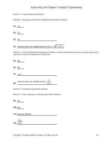 Answer Key for Chapter 5 Analytic Trigonometry