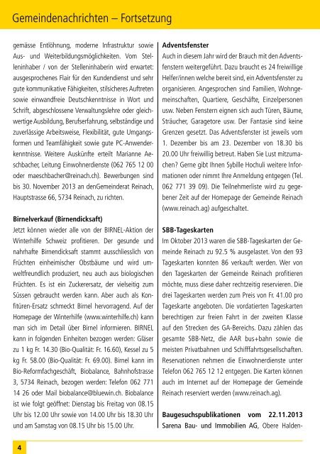 Das informative Monatsmagazin für Reinach 12 / 2013 - dorfheftli