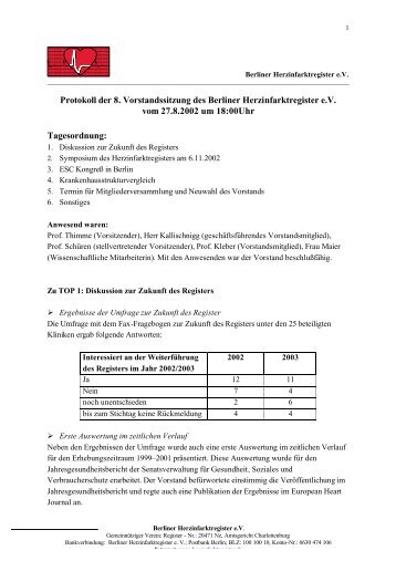 Protokoll der 8. Vorstandssitzung des Berliner Herzinfarktregister eV ...