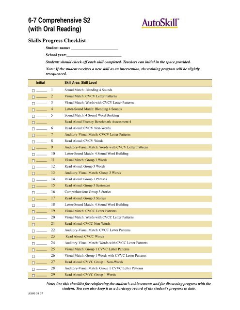 Student Reading Progress Checklist (with Oral Reading Fluency)