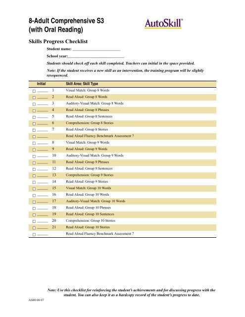Student Reading Progress Checklist (with Oral Reading Fluency)