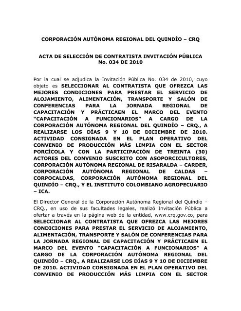 Acta de Adjudicacion Invitacion Publica No. 034 de 2010