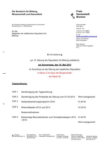 Tagesordnung zur 10. Deputationssitzung am 10.05.2012