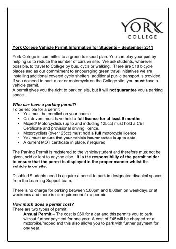 York College Vehicle Permit Information for Students â September ...