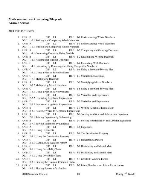 Math summer work: entering 7th grade - Key School