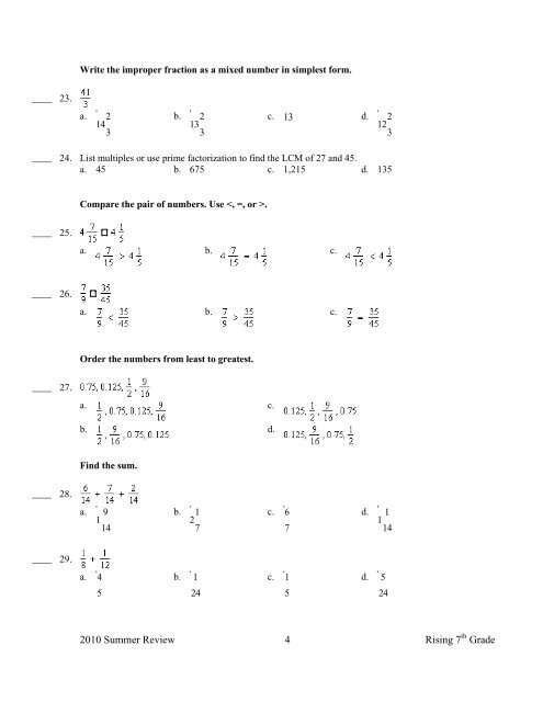 Math summer work: entering 7th grade - Key School