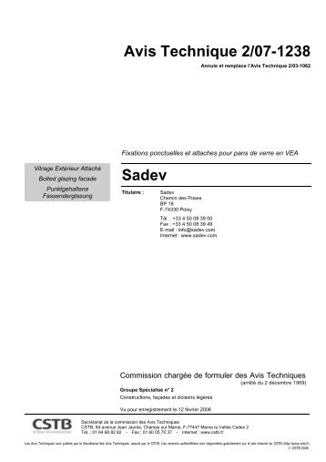 Avis Technique 2/07-1238 Sadev - CSTB