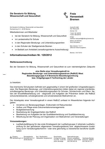 Informationsschreiben Nr. 120/2012 Stellenausschreibung