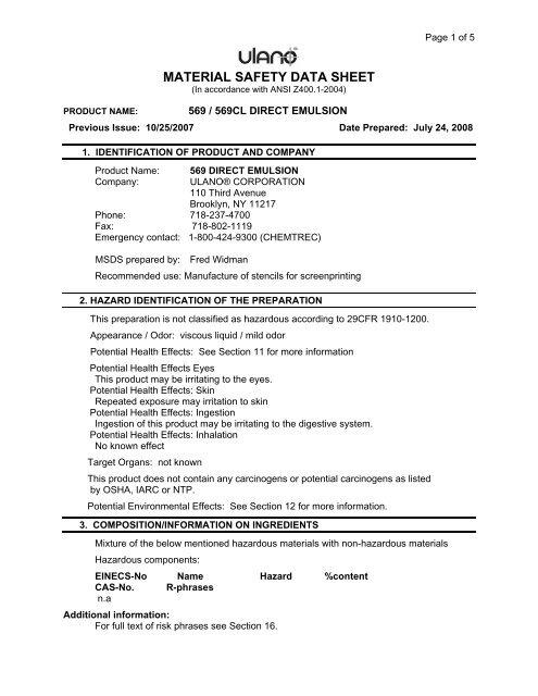 Material Safety Data Sheet (according to 91/155/EEC)