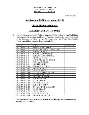 Admission to Ph.D. programme (2012) - Jadavpur University