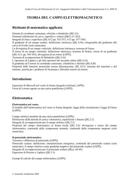 TEORIA DEL CAMPO ELETTROMAGNETICO ... - Docente.unicas.it