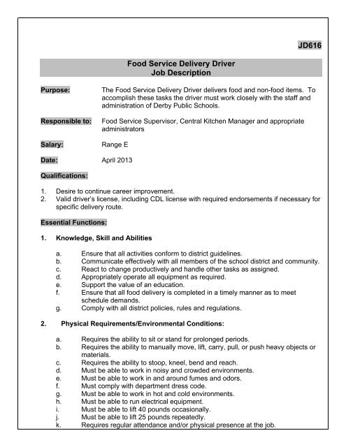 JD616 Food Service Delivery Driver Job Description - Derby Public ...